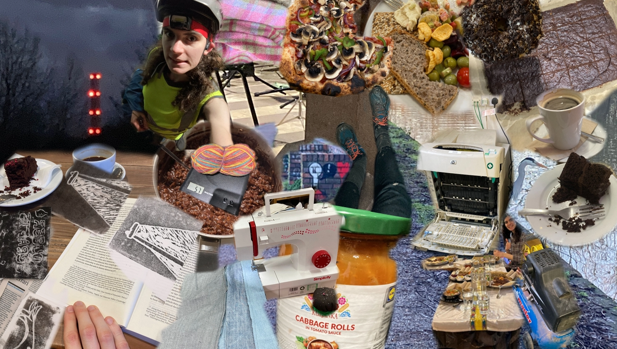 A very busy photo collage, you can see a chimney studded with red lights against a dark grey sky, me in high-vis, bike helmet and headlamp. There are photos of books and cake on tables, a pizza, very muddy legs/shoes, some sewing, a giant printer, a sewing machine, a jar cabbage rolls.