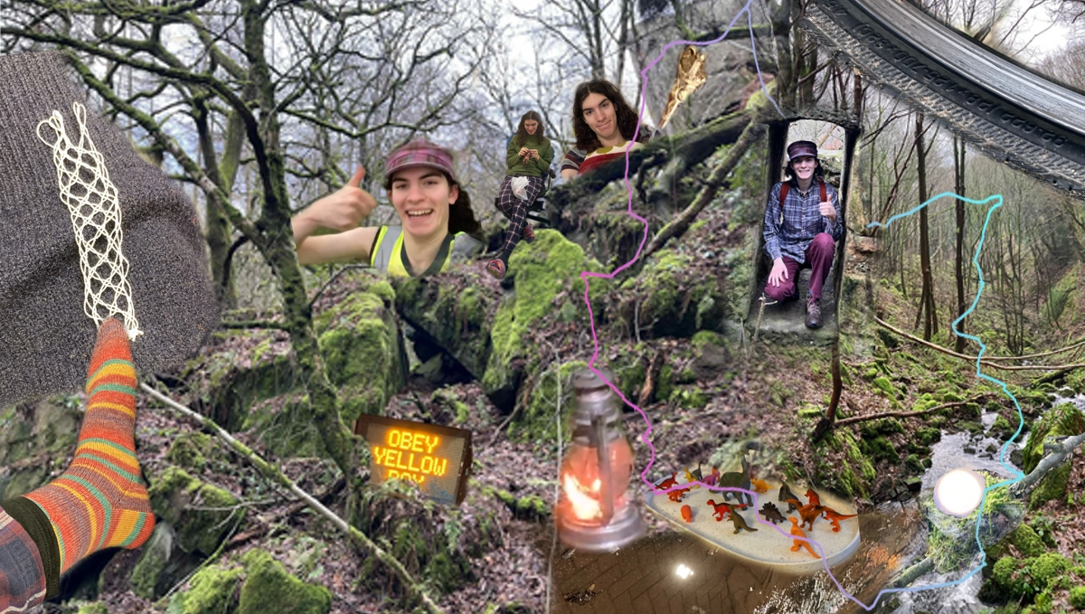 A photo collage. The background are two different photos of a mossy stack of rocks, and a mossy hillside. Both misty and damp. Superimposed over the top are a number of images, including a segment of a bicycle wheel, several pictures of me with my thumb up, a foot (mine) wearing a knitted sock, a small piece of lace, a gps track, a very bright moon, a burning lantern, a flood of water, tray of small plastic dinosaurs and road sign reading `Obey Yellow Box`.