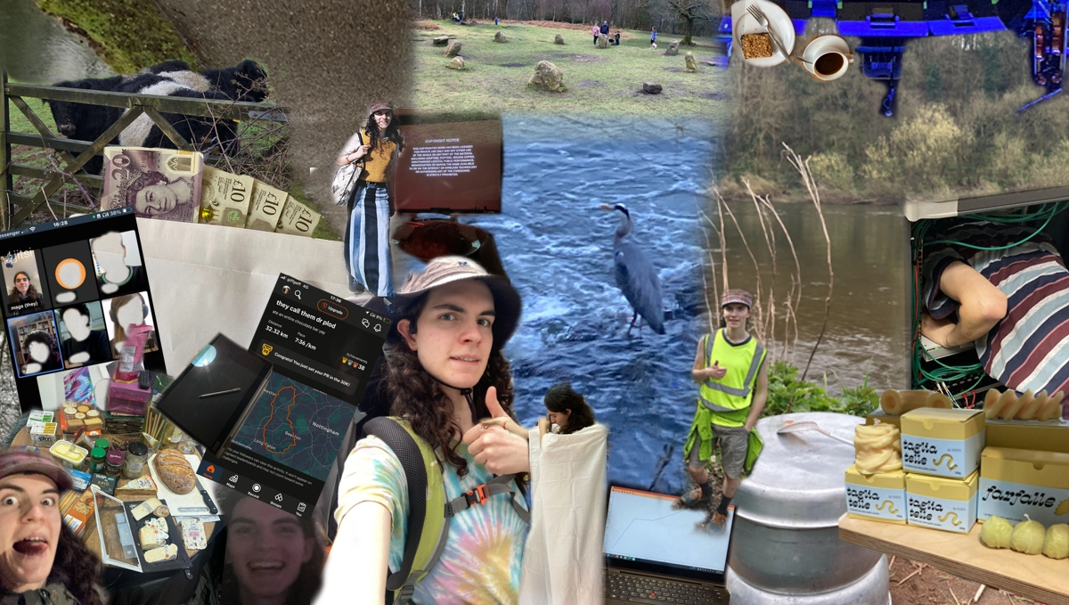 A very busy photo collage, you can see photos of a river and a canal in the background along with a small stone circle. In the foreground are various selfies of me, a white person with long dark wavy hair doing things such as posing in a hi-viz tank top, a rucksack, a denim skirt. There are photos of pasta-shaped candles, a camping stove, a cheese spread, some cows, me with my head stuck into a server rack and an envelope stuffed with cash.