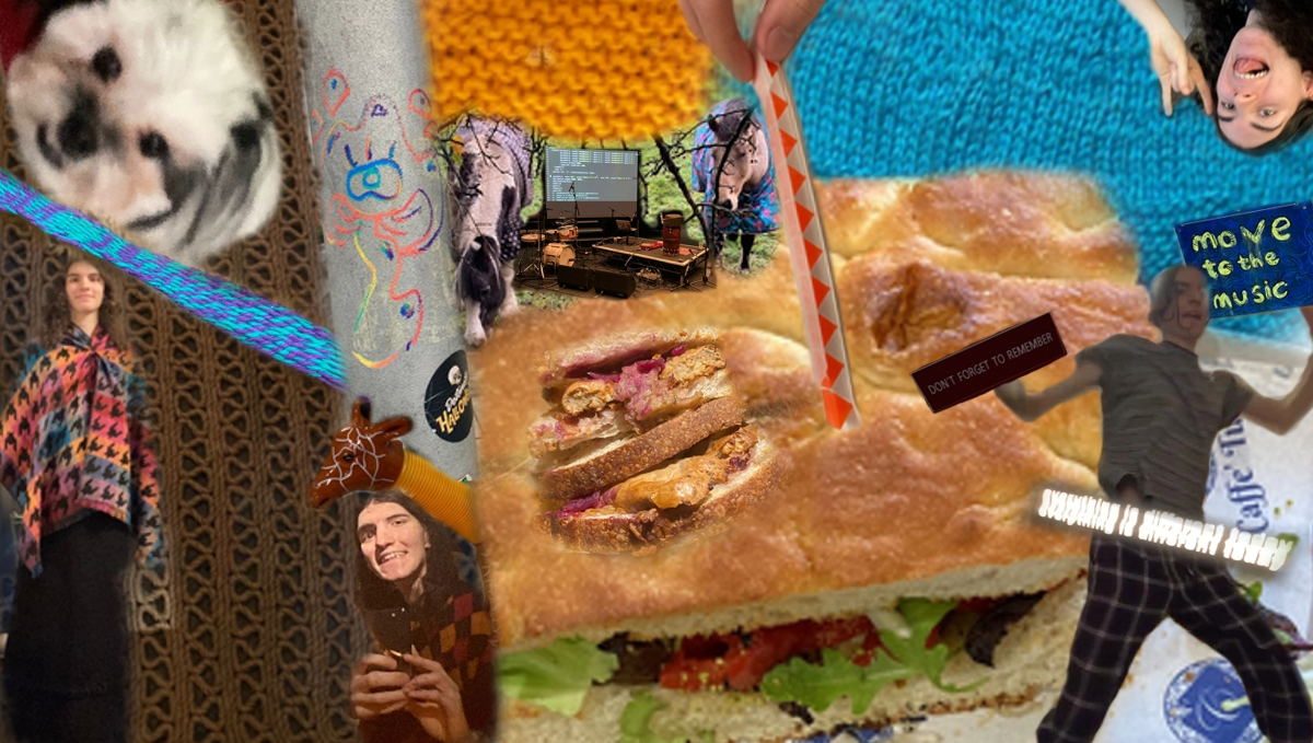 A digital photo-collage of a bunch of my phone pictures from November. There's a lot going on. On the left we have a wicker floormat with a wriggly pattern of rope. To the right there's a zinc-plated lamppost with a colourful one-eyed monster drawn on it. Beneath that, a plastic giraffe, and beneath that a distorted mirror-photo of me. To the left, over the mat is a picture of me standing proud in a long black skirt and patterned shawl, and above that is a purple-and-cyan band being woven, and above that the head of a white dog looking kind of crazy. Over in the centre of the collage there's a giant Italian sandwich and superimposed on that is a smaller Christmas sandwich. Held over the Italian sandwich is an orange and white triangle thingy, it's a clicky fidget toy. There's also a couple of horses and a concert stage; a projector with code, a drumkit and a mridangam drum. Over on the right is a blurry photo of me dancing with street signs superimposed on my hands and hips. One says 'Don't forget to remember', another says 'move to the music' and a third says 'everything is different now' but is difficult to read. Above that whole thing is a photo of me with my tongue out making the death-metal bull, and two photos of knit swatches. Phew!