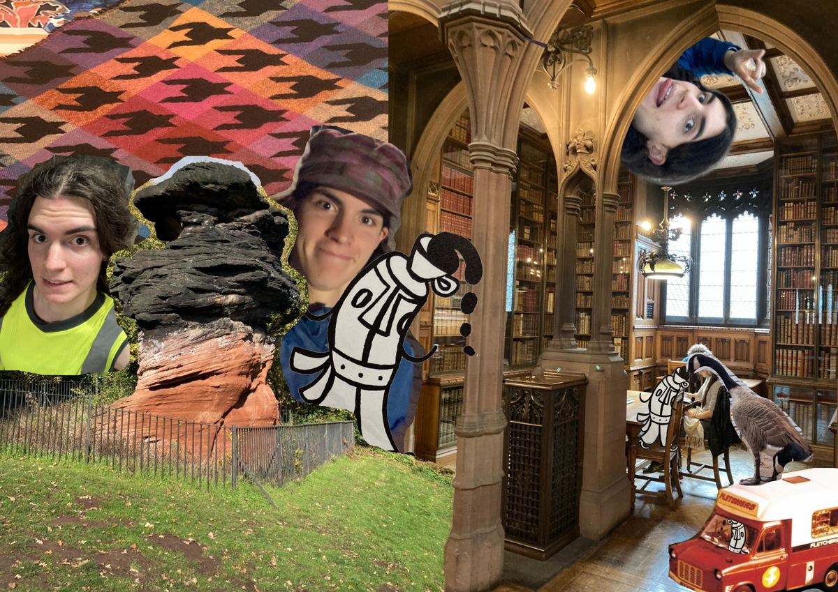 A digital photo-collage of a bunch of photos over each other. The background is a stripey houndstooth pattern, and a photo of the inside of the John Rylands library in Manchester. In the foreground there's a big rock jutting out from a grassy hillside. From behind the rock emerge a couple selfies of me, one in a hi-vis vest and one in a fun hat. A third selfie of me making the peace sign pokes out from behind a gothic archeway in the library. A cute coffee cup guy joins me behind the rock, and is stood on a chair in the library. A goose drinks from the coffee cup balanced on its head. The goose stands on a Fletcher's bread van from the 80s in Sheffield, and a coffee guy is driving the van.