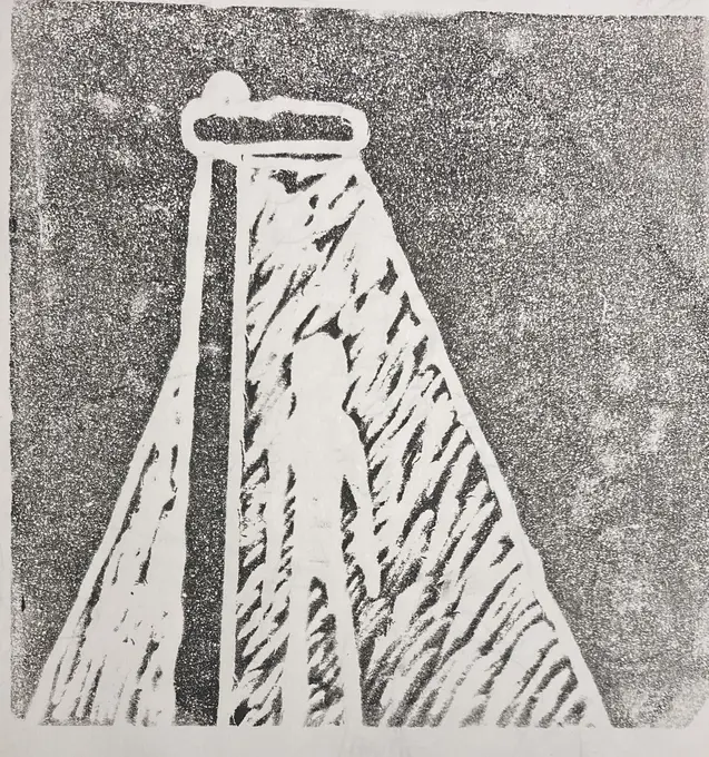 A photo of a black-and-white, coarse print of a tall figure standing under a streetlamp. The background is black and the shape of the figure is left as a void within a cone of illuminated striding rain.
