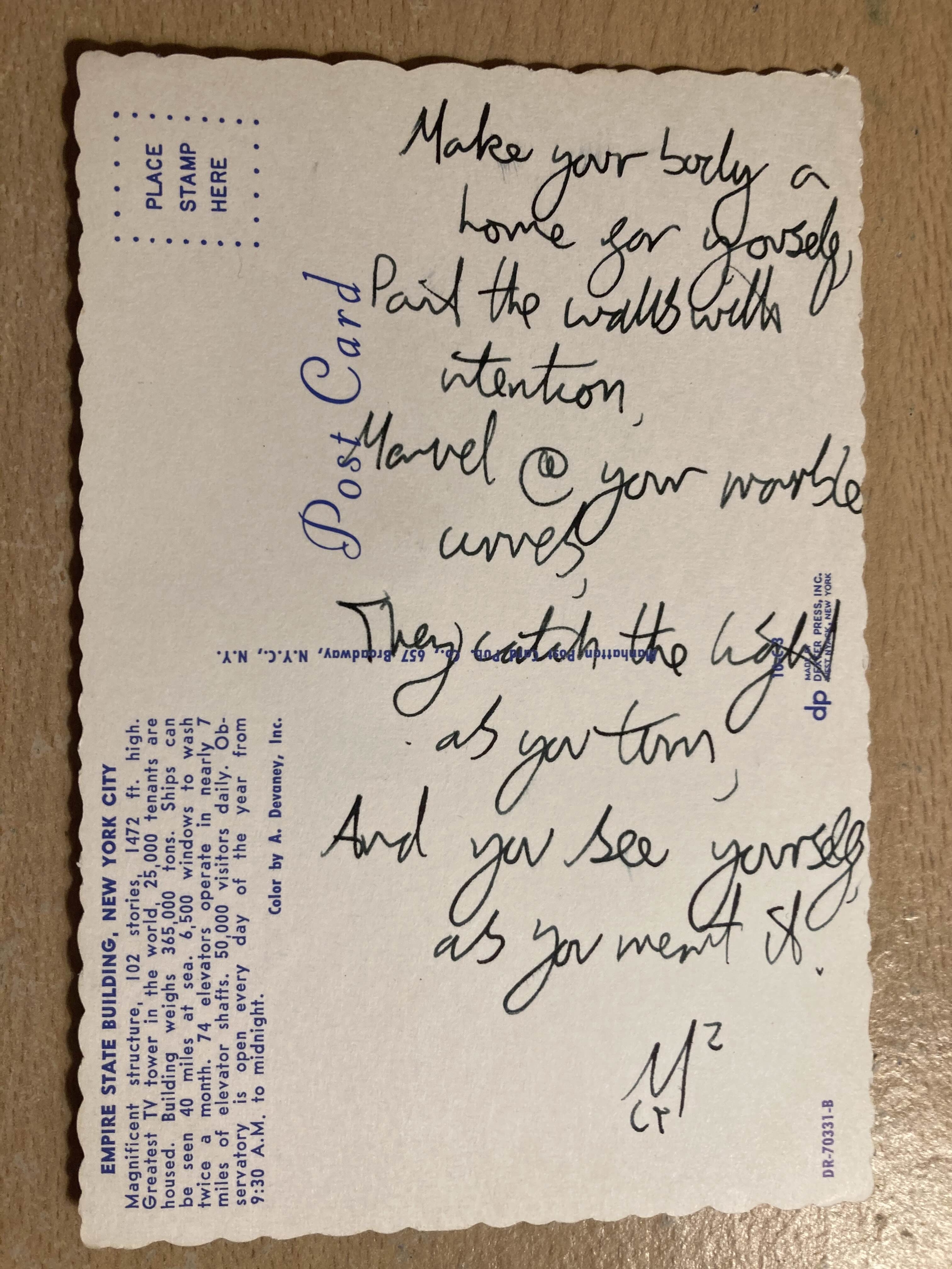 A poem in very loopy and hard to read handwriting, written on the back of this postcard. The text of the poem is typeset on the page, below the image. It's signed with my initials: a large M, squared with the letters C and T written smaller and beneath the M.